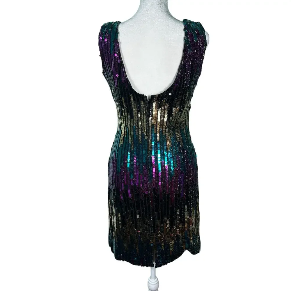 Vintage Alyce 1980s Sequin Mini Party Cocktail Dress Purple Green Gold Sz Med/10